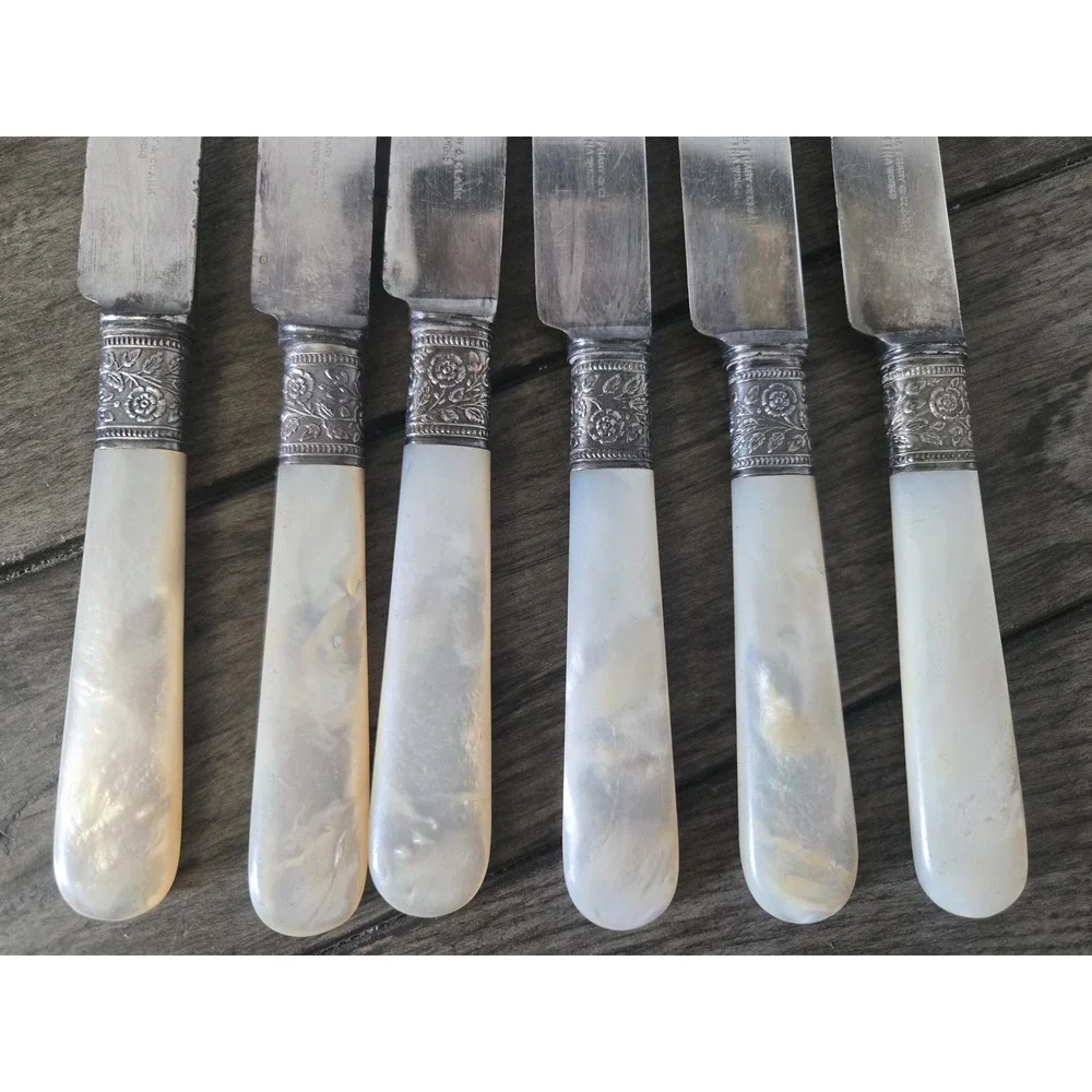 6 Antique Landers Frary & Clark Pearl & Sterling Silver Rose Band Butter Knives
